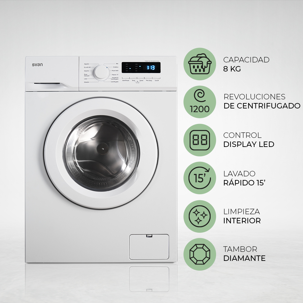 Lavadora Svan 8kg 1200rpm E 85cm 59,5cm 51cm Blanco Display T.Diamante - Imagen 7