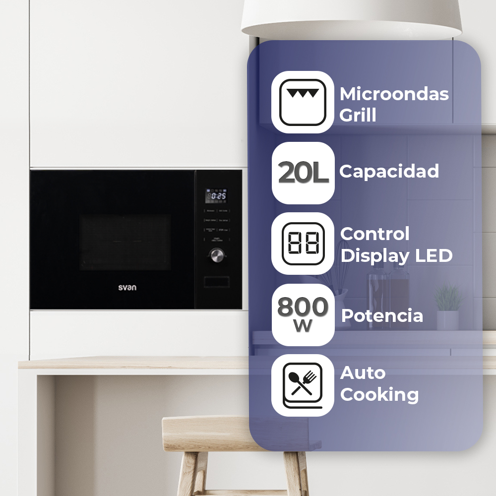 Microondas Grill Svan Integración 20L 800W 38,5cm 59,5cm 31,7cm Cristal negro Display Auto Cooking - Imagen 6