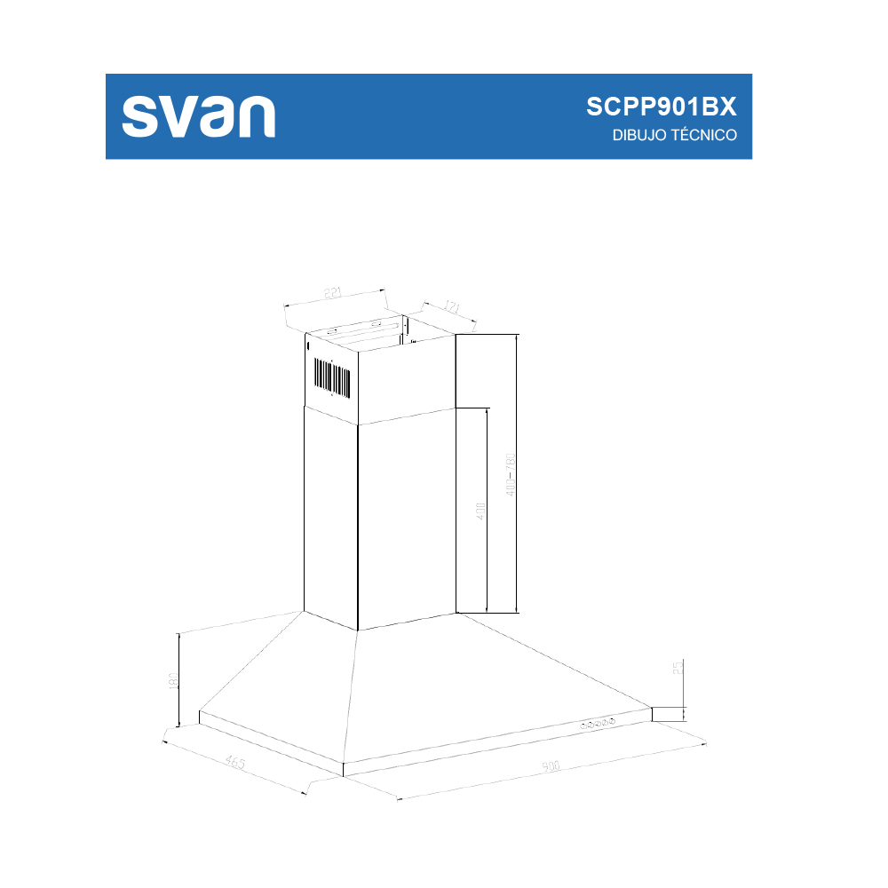 Campana Piramidal Svan, Clase B Dimensiones: 96cm 90cm 46,5cm. Color Inox, Control Manual Potencia de aspiración 361,9 m3/h, 55~65 dB. - immagine 8