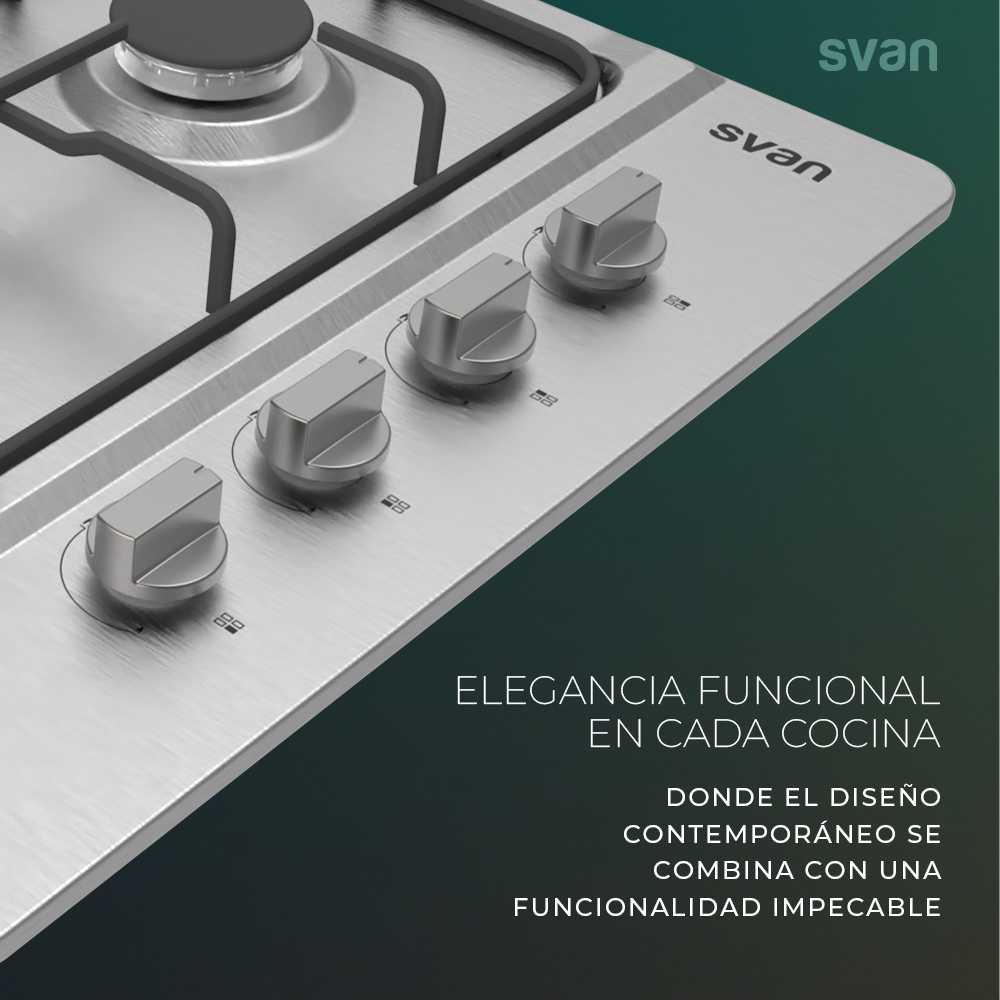 Placa Gas Butano Svan 7500W 9,5cm 60cm 51cm Inox Manual Auto Ig. 4Q Kit Gas - Imagen 7