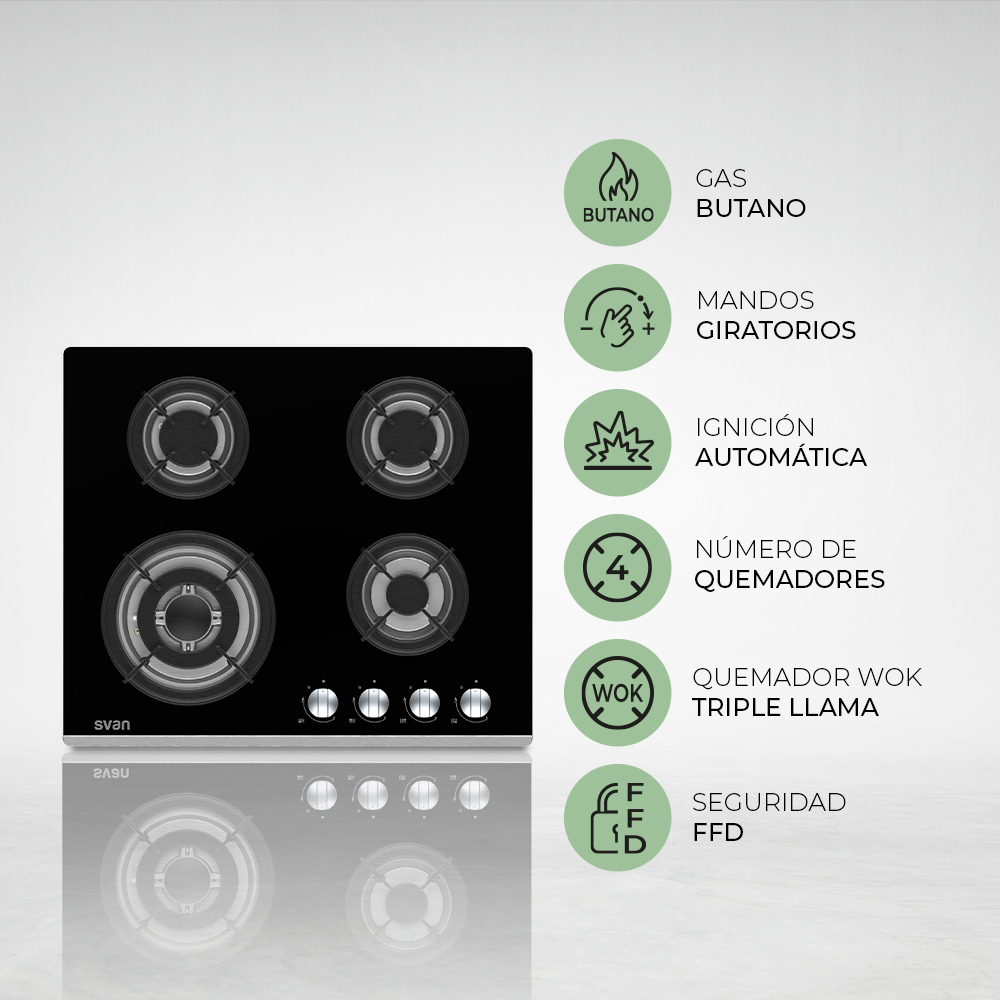Placa Gas Butano Svan 7800W 9cm 60cm 51cm Cristal negro Manual Auto Ig. 4Q Wok Kit Gas Forja - Imagen 7