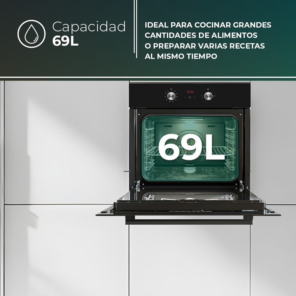 Horno Multifunción Svan 69L A 59,5cm 59,5cm 57,5cm Cristal negro Display táctil 10P G.Telescópicas - immagine 7