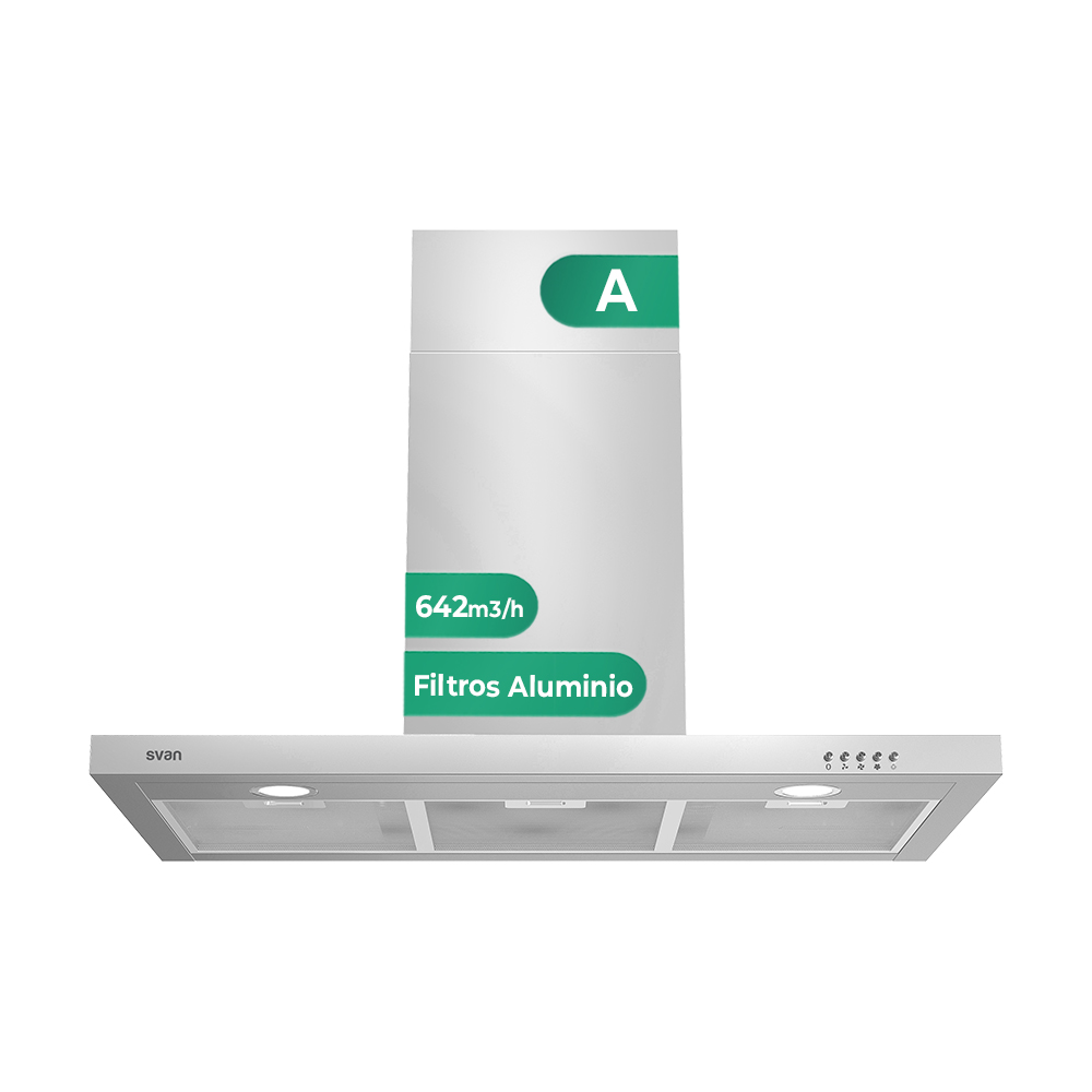 Campana Tipo T Svan, Clase A Dimensiones: 82cm 89,7cm 50cm. Color Inox, Control Manual Potencia de aspiración 641,8 m3/h, 68 dB.