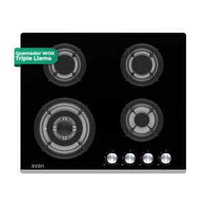 Placa Gas Butano Svan 7800W 9cm 60cm 51cm Cristal negro Manual Auto Ig. 4Q Wok Kit Gas Forja