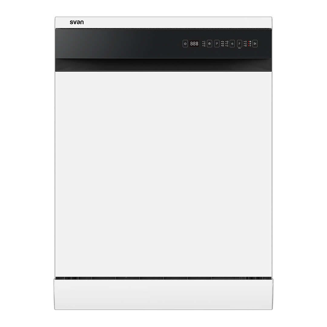 Lavavajillas Svan,Capacidad 14sets, Clase E. Dimensiones: 84,5cm 59,8cm 59,1cm. Color Blanco, Control con Display táctil. 2 Bandejas y 6 Programas.
