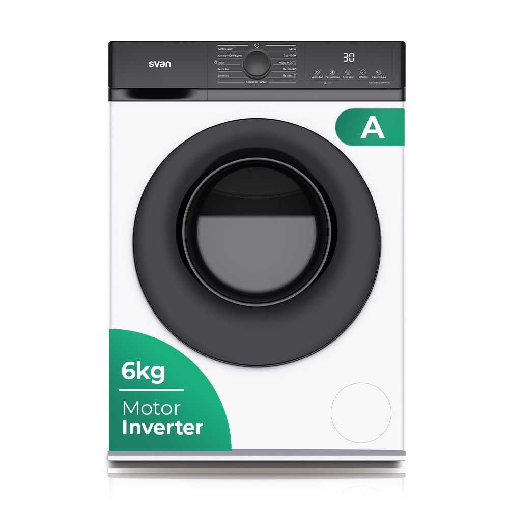Lave-linge Svan,Capacité 6kg 1200rpm, Classe A. Dimensions : 84,5cm 59,8cm 42,3cm. Couleur : Blanc, Contrôle avec affichage. Moteur Inverter. Programmes : Vapeur.