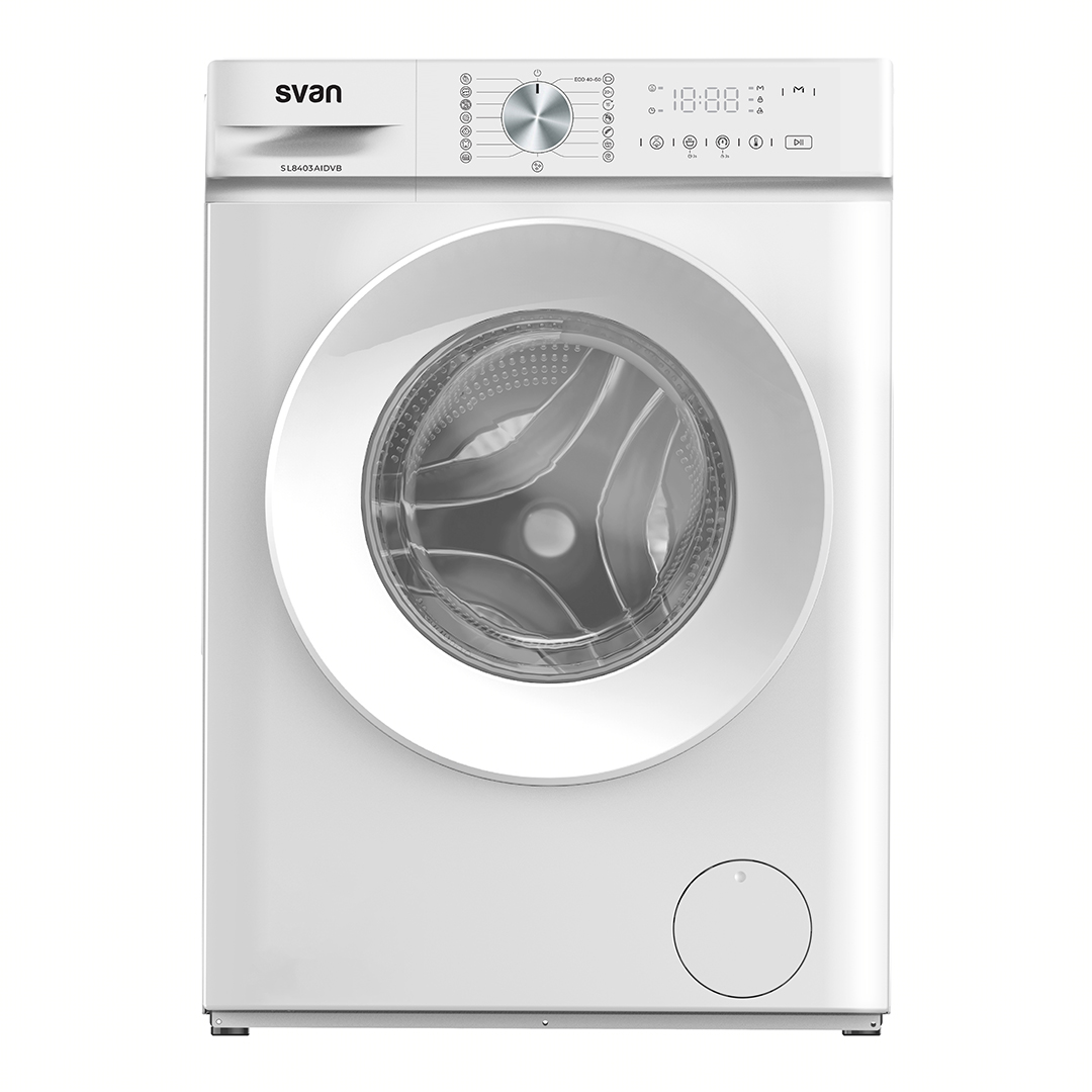 Lavadora Svan,Capacidad 8kg 1400rpm, Clase A. Dimensiones: 84,7cm 60cm 52cm. Color Blanco, Control con Display. Motor Inverter. Programas: Antialérgico.
