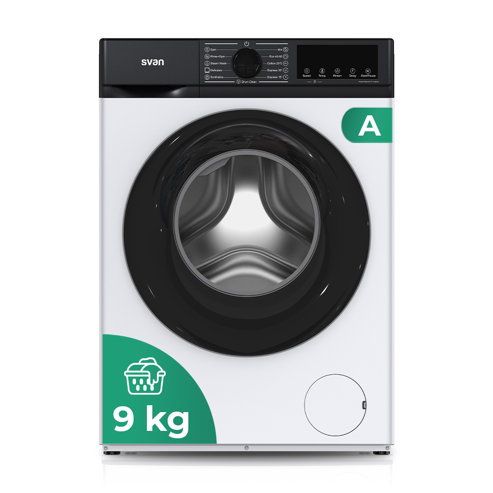 Lave-linge Svan, Capacité 9kg 1400rpm, Classe A. Dimensions : 84,5cm 59,8cm 52cm. Couleur : Blanc, écran de contrôle LED. Programmes : Vapeur Antiallergique.