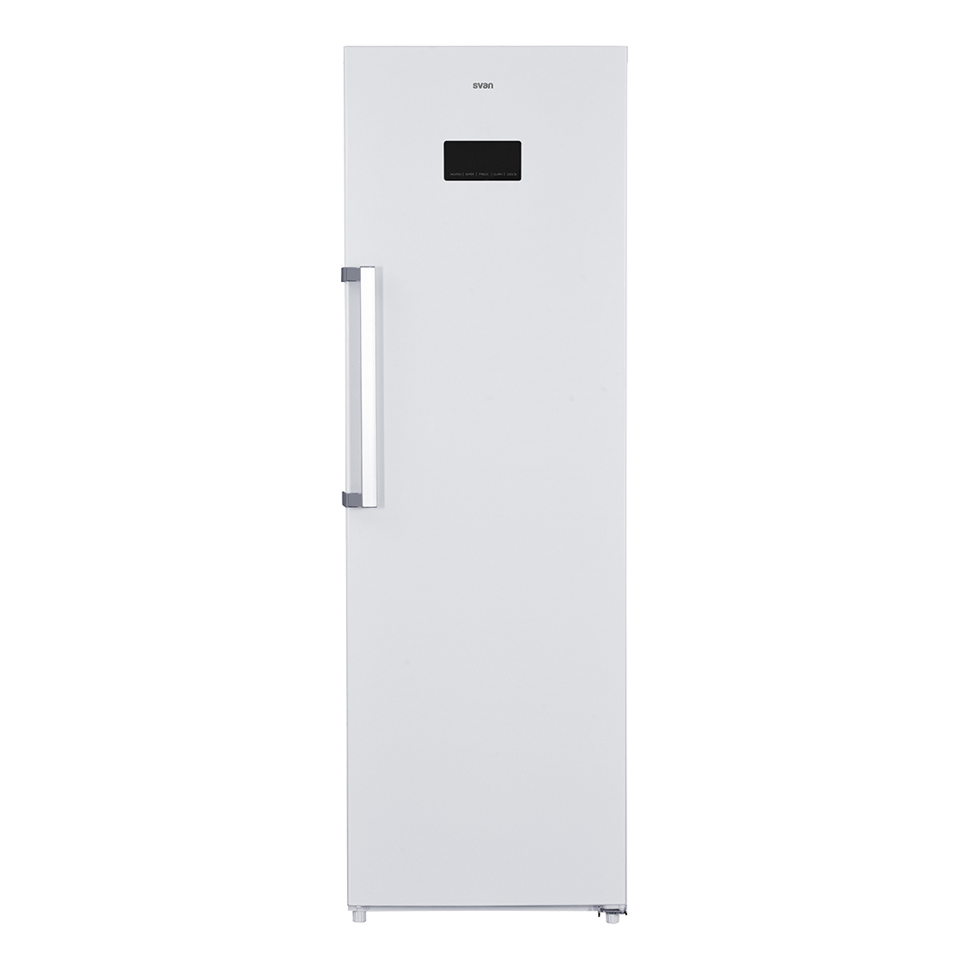 Réfrigérateur Svan, No Frost. Capacité 359 L, Classe E. Dimensions : 185cm 60cm 70cm. Couleur : blanc, commande avec écran tactile.