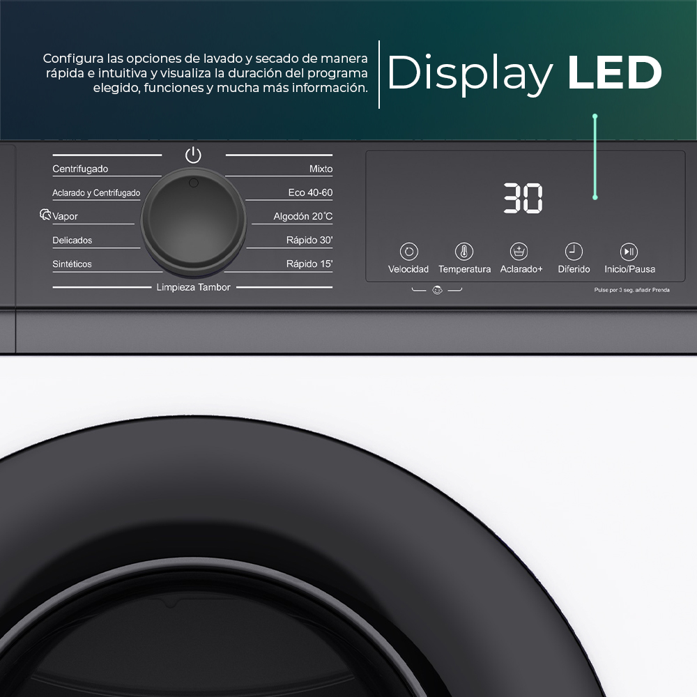 Lavadora Svan,Capacidad 6kg 1200rpm, Clase A. Dimensiones: 84,5cm 59,8cm 42,3cm. Color Blanco, Control con Display. Motor Inverter. Programas: Vapor. – Image 3