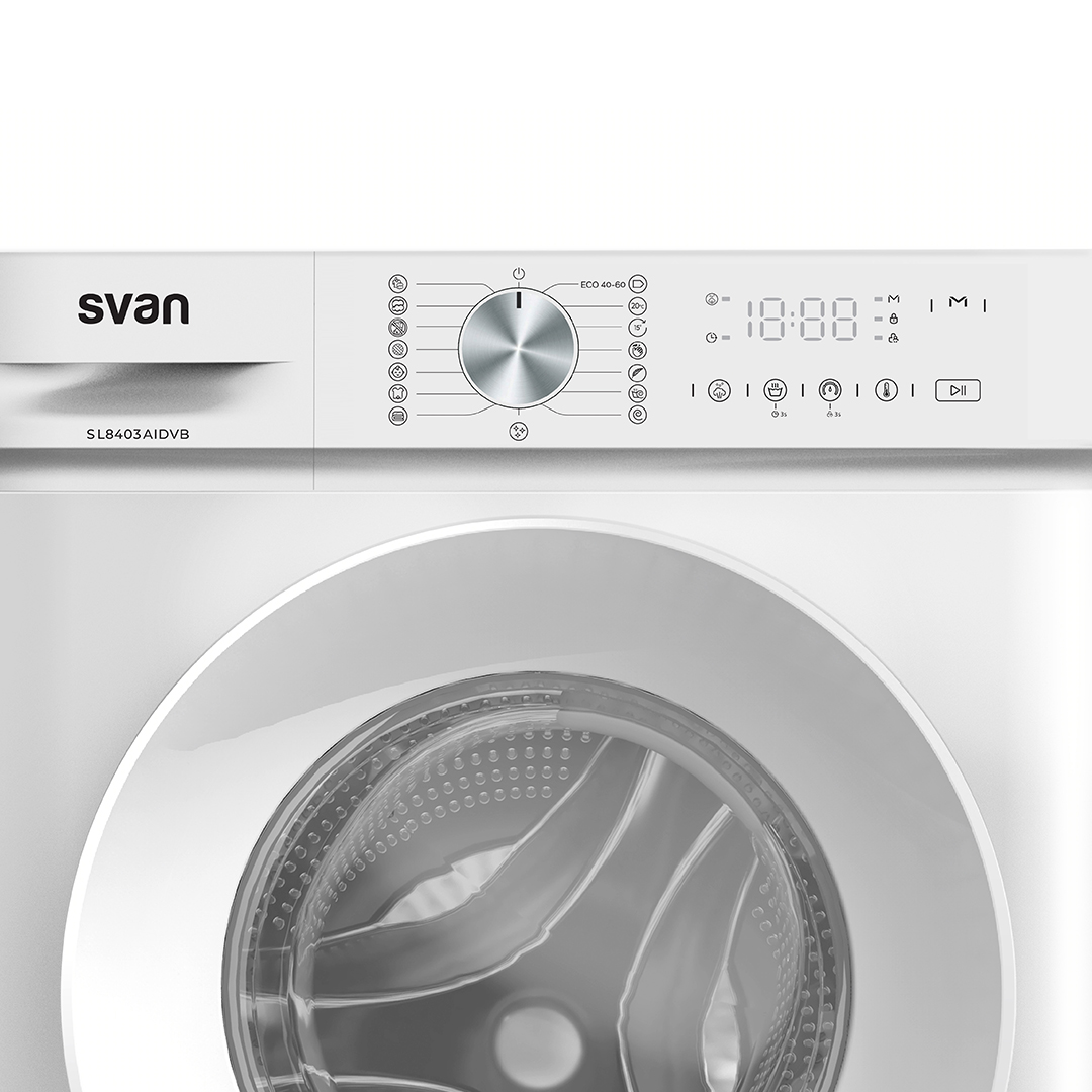 Lavadora Svan,Capacidad 8kg 1400rpm, Clase A. Dimensiones: 84,7cm 60cm 52cm. Color Blanco, Control con Display. Motor Inverter. Programas: Antialérgico. – Image 2
