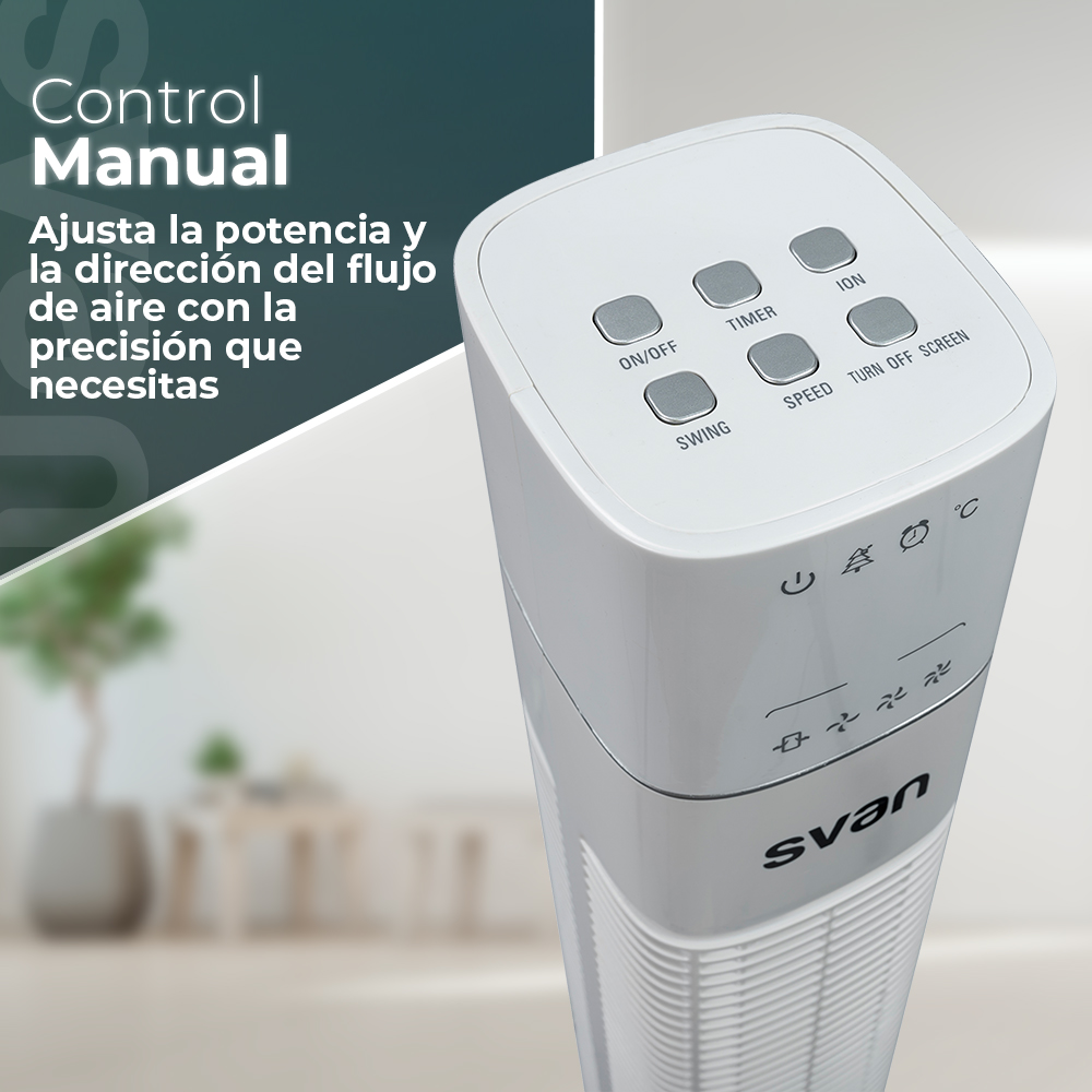 Ventilador Torre Svan 36 in 60W Blanco Display 3V Ionizador Temporizador Oscilación - Imagen 2