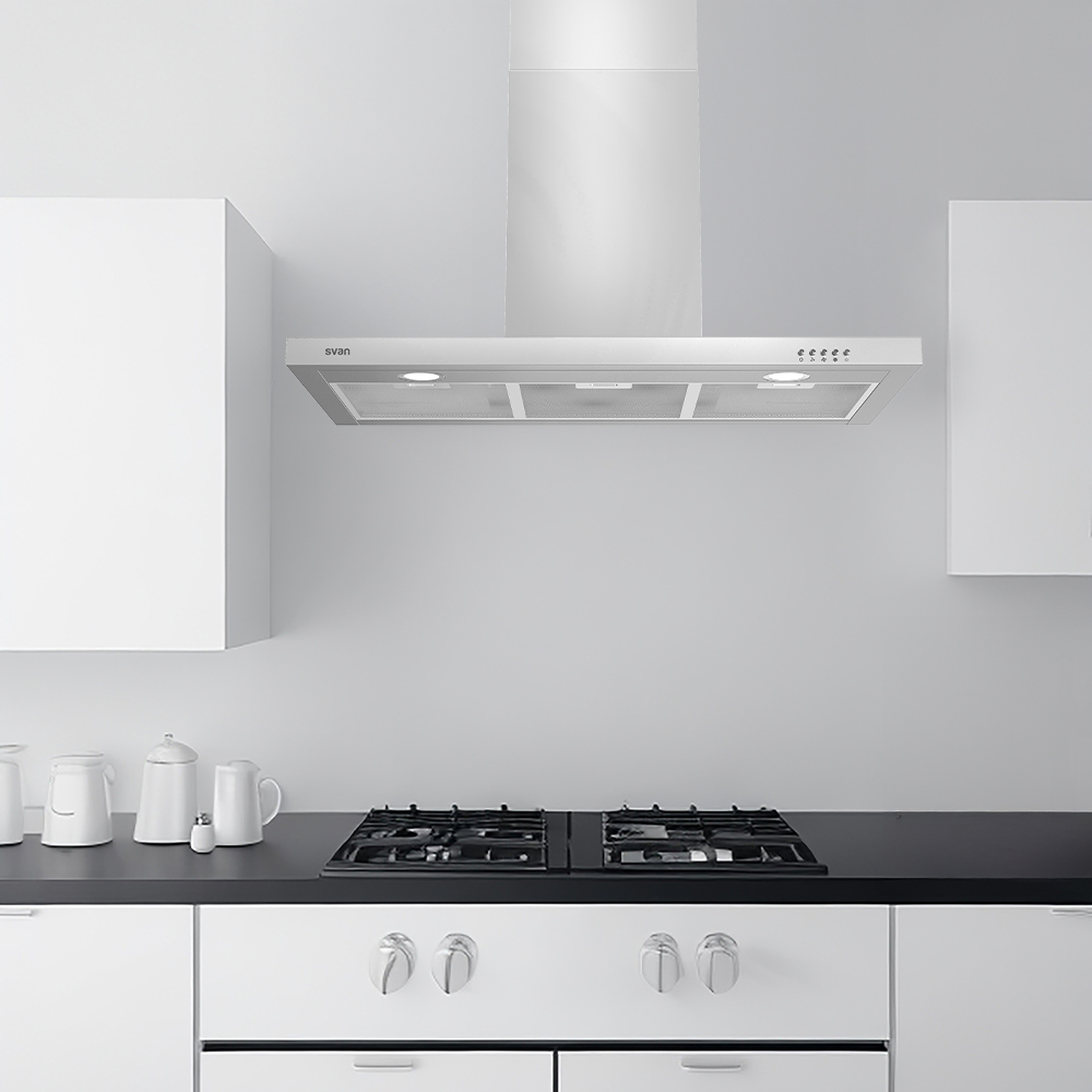 Campana Tipo T Svan, Clase A Dimensiones: 82cm 89,7cm 50cm. Color Inox, Control Manual Potencia de aspiración 641,8 m3/h, 68 dB. - Imagen 4