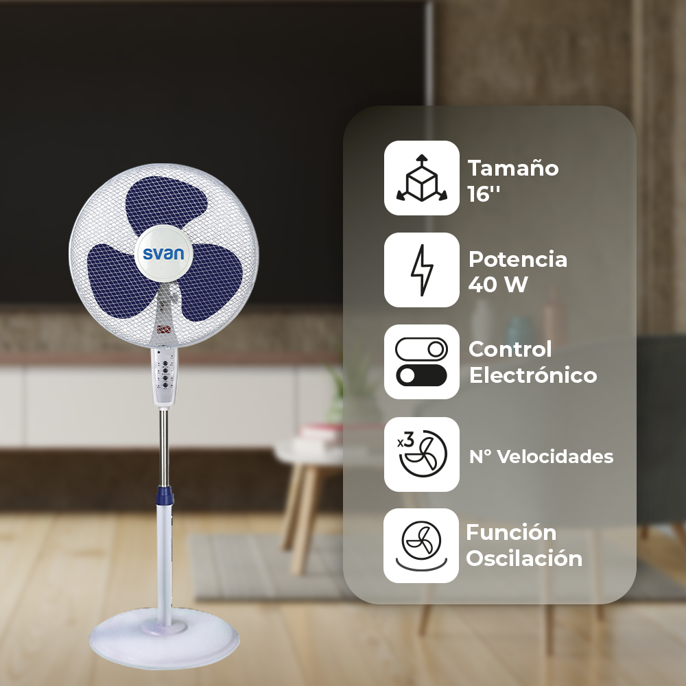 "Ventilador Pie Svan 16"" 40W Blanco y azul Electrónico Mando 3V Temporizador Oscilación" - immagine 3