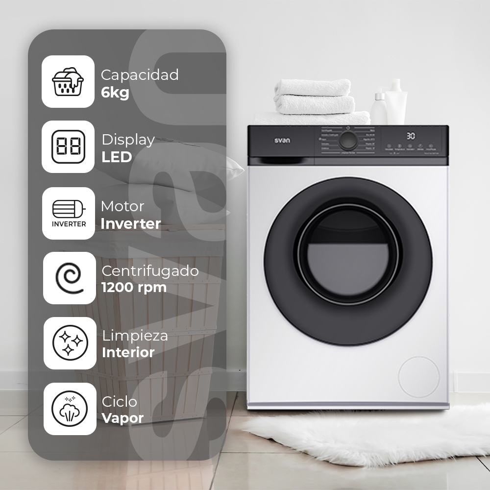 Lavadora Svan,Capacidad 6kg 1200rpm, Clase A. Dimensiones: 84,5cm 59,8cm 42,3cm. Color Blanco, Control con Display. Motor Inverter. Programas: Vapor. – Image 5