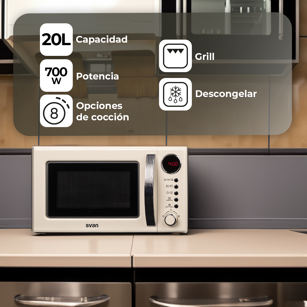 Microondas Grill Svan 20L 70W 25,9cm 44cm 33,5cm Retro crema Display Auto Cooking - immagine 4