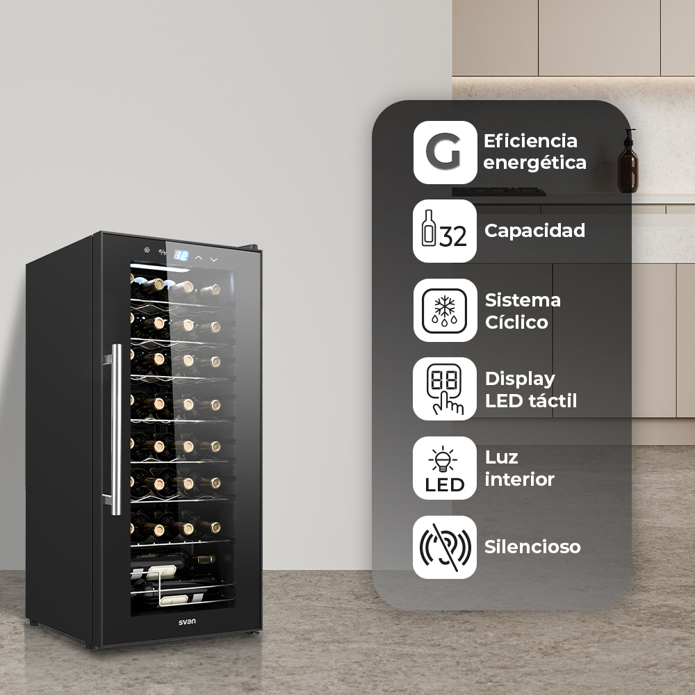 Vinoteca Svan Cíclico 92L 32Bot G 95cm 43cm 45cm Negro Display táctil Única Zona 1Puerta – Image 4