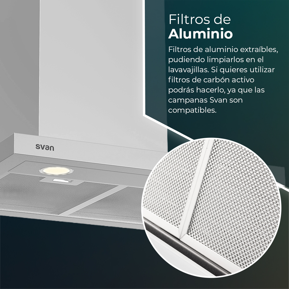 Campana Tipo T Svan, Clase A Dimensiones: 82cm 59,9cm 50cm. Color Inox, Control Manual Potencia de aspiración 641,8 m3/h, 52~68 dB. - immagine 6