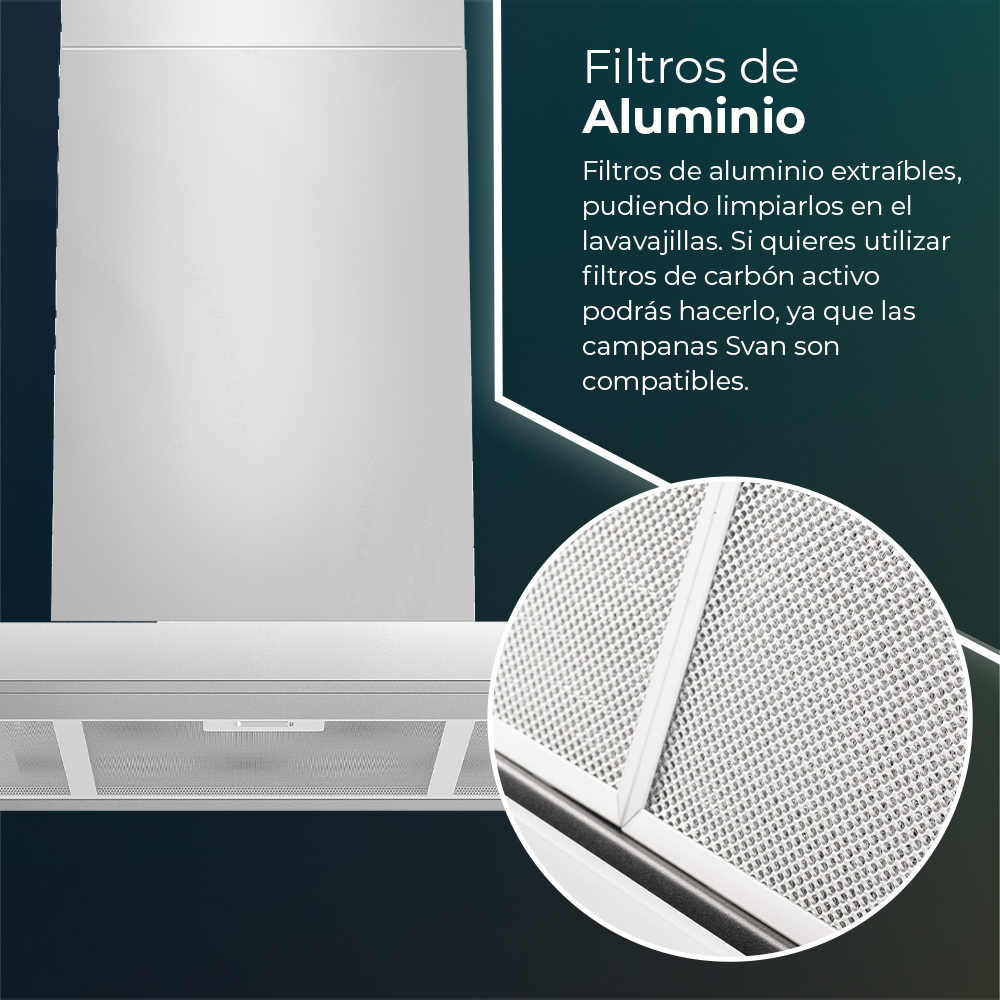 Campana Tipo T Svan, Clase A Dimensiones: 82cm 89,7cm 50cm. Color Inox, Control Manual Potencia de aspiración 641,8 m3/h, 68 dB. - Imagen 6