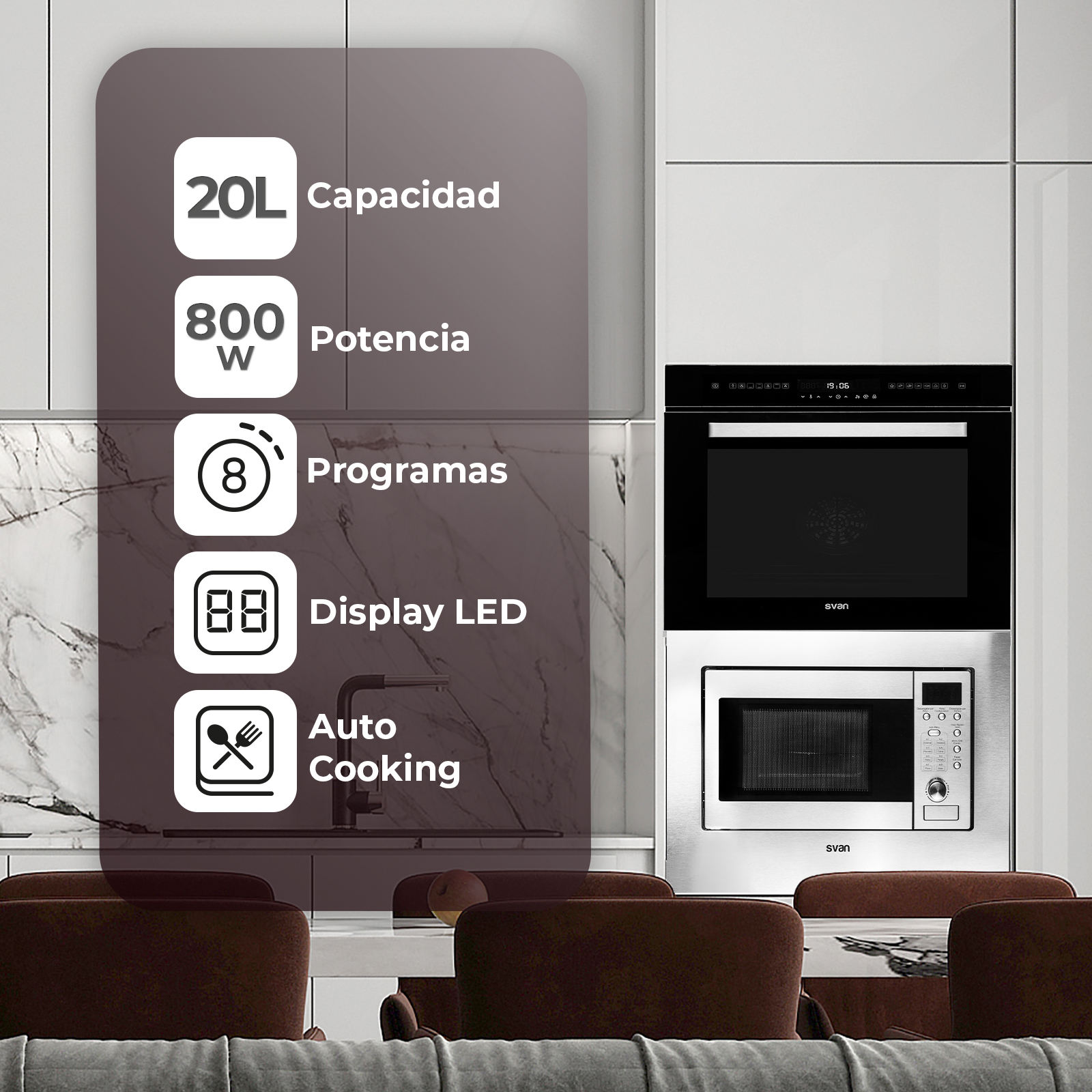 Microondas Grill Svan Integración 20L 800W 38,8cm 59,5cm 36,1cm Inox Display Auto Cooking – Image 5