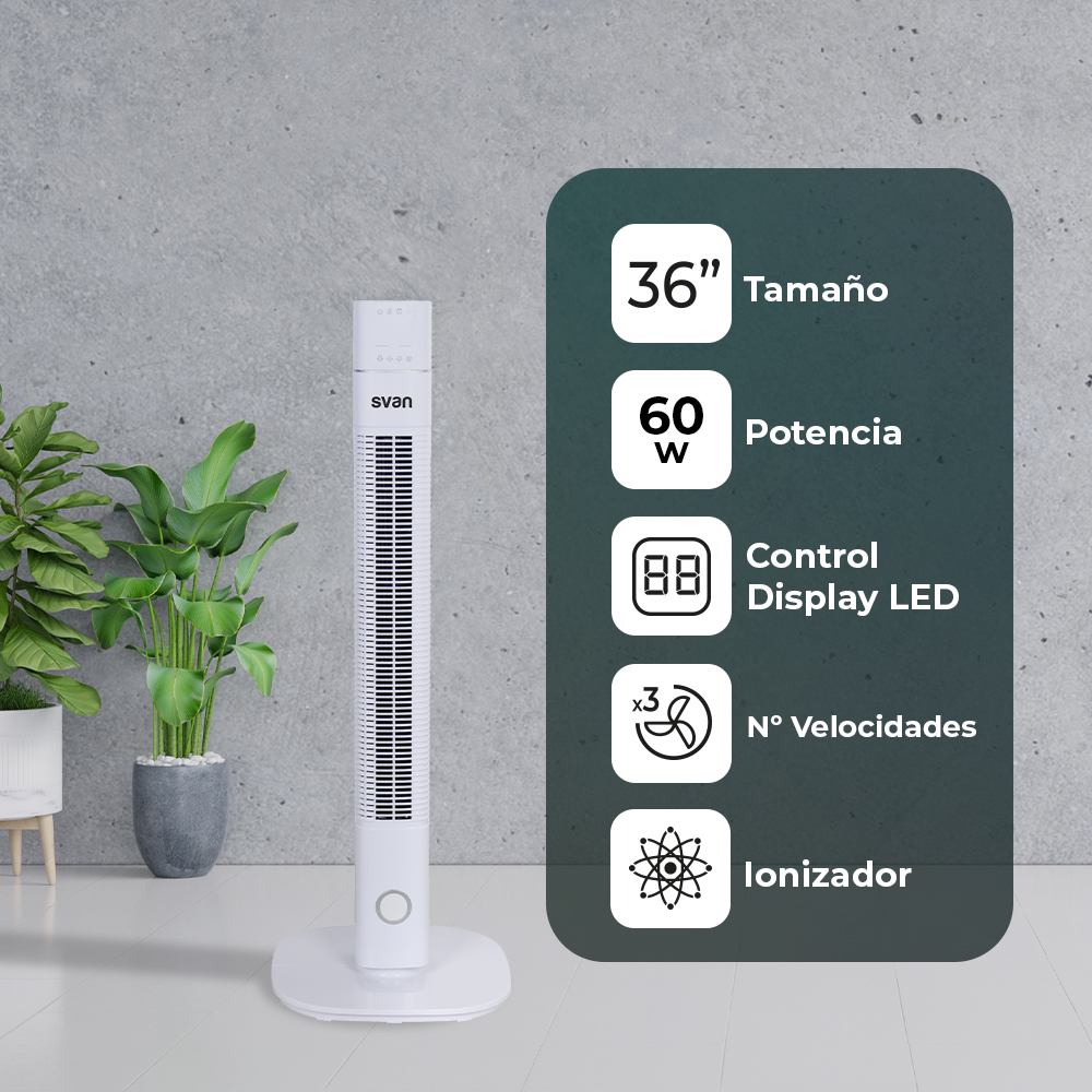 Ventilador Torre Svan 36 in 60W Blanco Display 3V Ionizador Temporizador Oscilación - Imagen 6