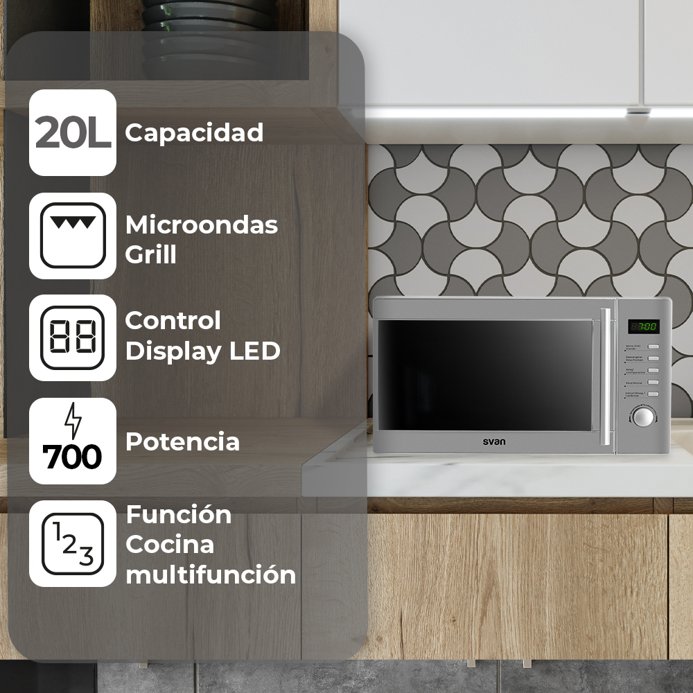 Microondas Grill Svan 20L 700W 25,8cm 44cm 35,6cm Inox Display Auto Cooking - Imagen 6