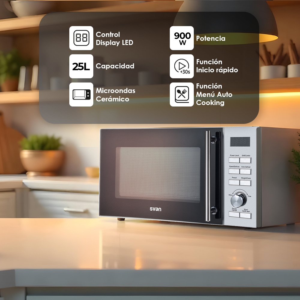 Microondas Cerámico Svan 25L 900W 28,8cm 49cm 41cm Inox Display Auto Cooking - immagine 6