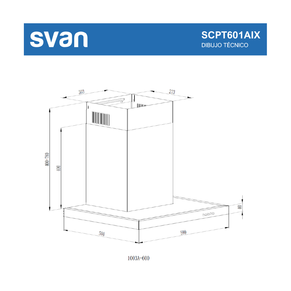 Campana Tipo T Svan, Clase A Dimensiones: 82cm 59,9cm 50cm. Color Inox, Control Manual Potencia de aspiración 641,8 m3/h, 52~68 dB. - immagine 8