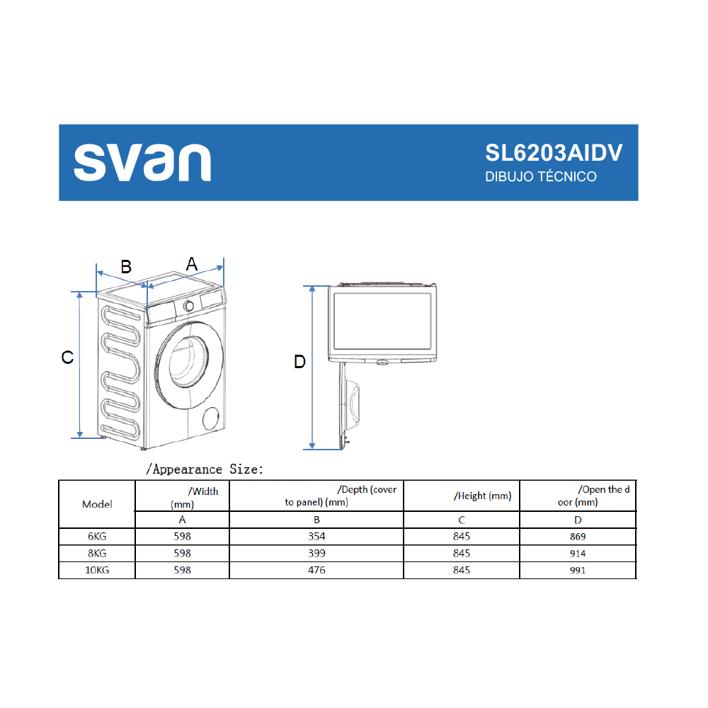 Lavadora Svan,Capacidad 6kg 1200rpm, Clase A. Dimensiones: 84,5cm 59,8cm 42,3cm. Color Blanco, Control con Display. Motor Inverter. Programas: Vapor. – Image 8