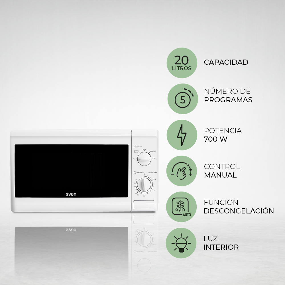 Microondas Svan 20L 700W 25,8cm 44cm 33,9cm Blanco Manual - immagine 7