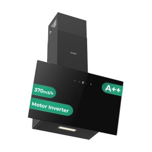 Hotte inclinée Svan, Classe A++ Dimensions : 108,8cm 89,5cm 30,9cm. Couleur : noir, moteur Inverter à commande tactile. Puissance d'aspiration 370 m3/h, 59 dB.