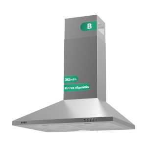 Hotte pyramidale Svan, Classe B Dimensions : 96cm 60cm 46,5cm. Couleur : acier inoxydable, Contrôle manuel Puissance d'aspiration 361,9 m3/h, 65 dB.