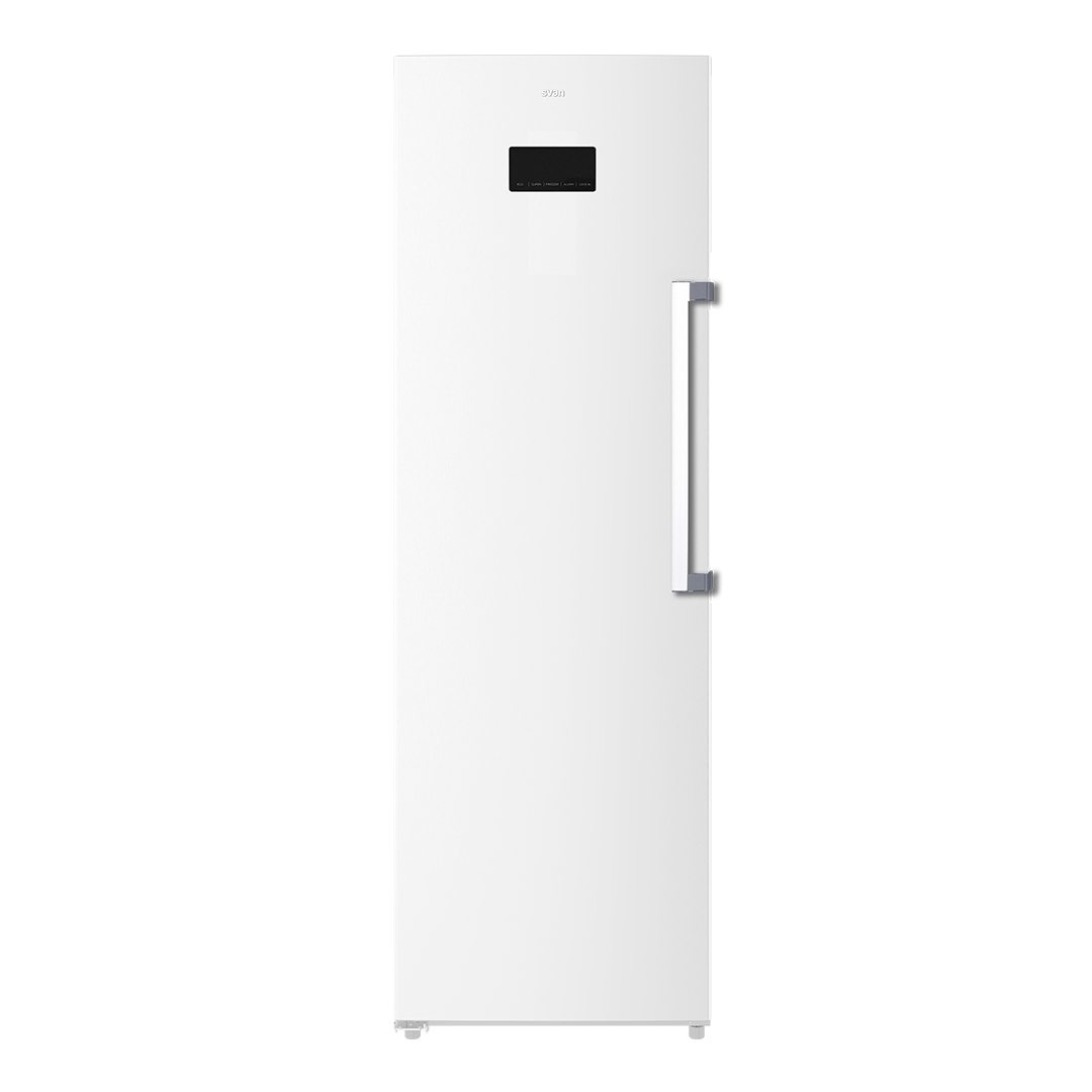 Congelador vertical Svan, No Frost. Capacidad 274L, Clase E. Dimensiones: 185cm 60cm 66cm. Color Blanco, Control con Display. Motor Inverter.