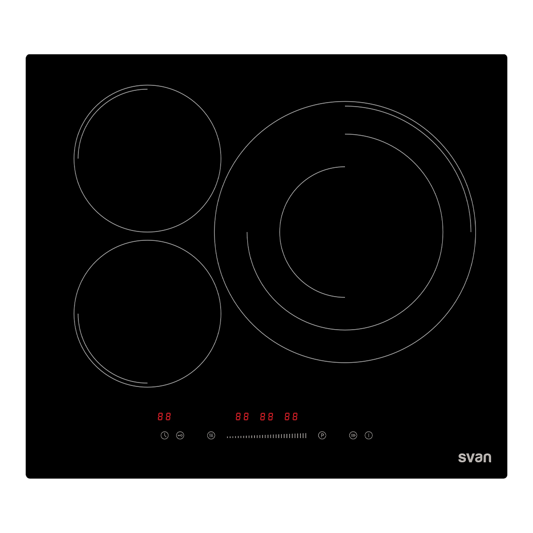 Placa de Inducción Svan 60 cm 3 zonas con Cristal negro Slider táctil Keep warm Booster Stop&Go