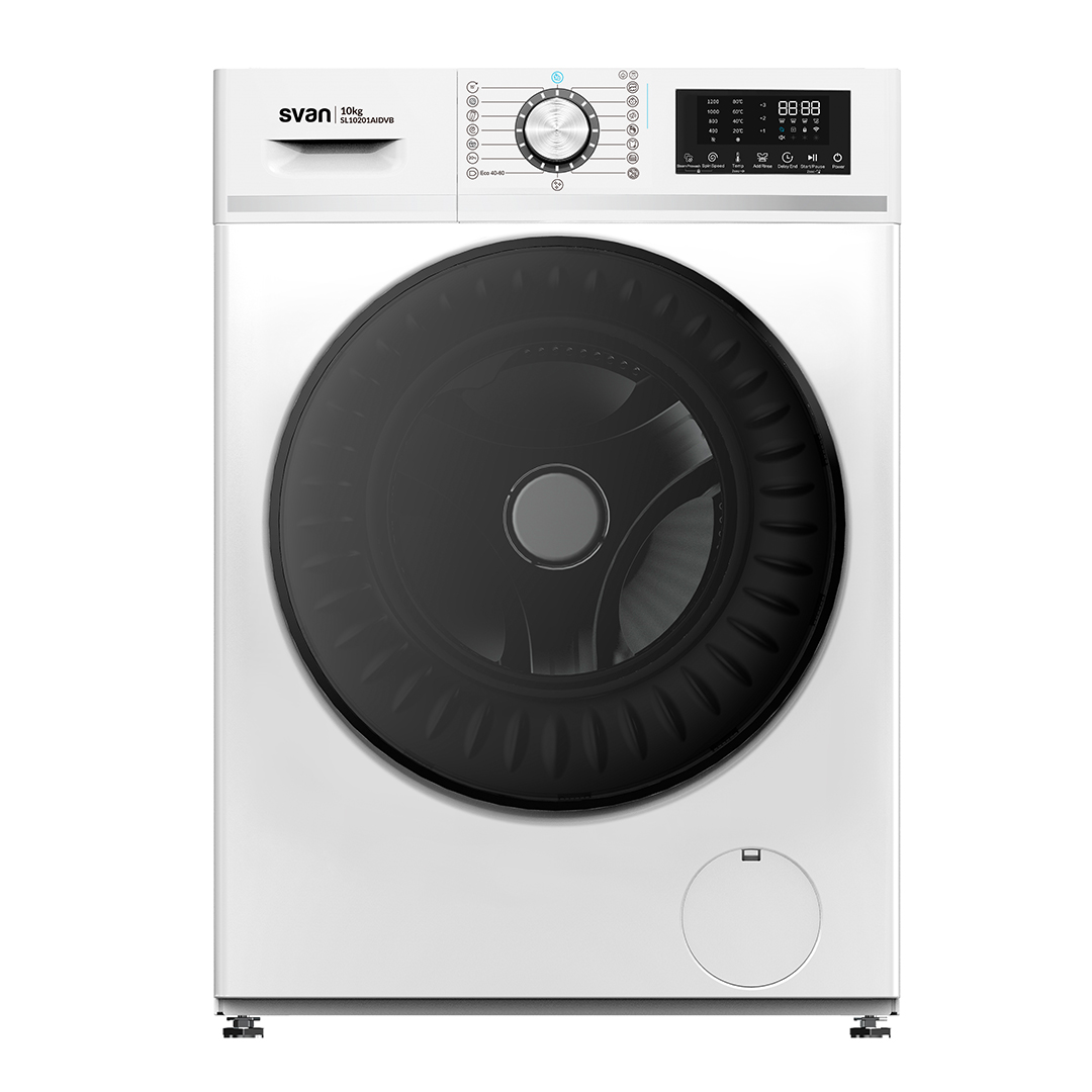 Lavadora Svan,Capacidad 10kg 1200rpm, Clase A. Dimensiones: 84,5cm 59,8cm 60,8cm. Color Blanco, Control con Display táctil. Motor Inverter. Programas: Antialérgico.