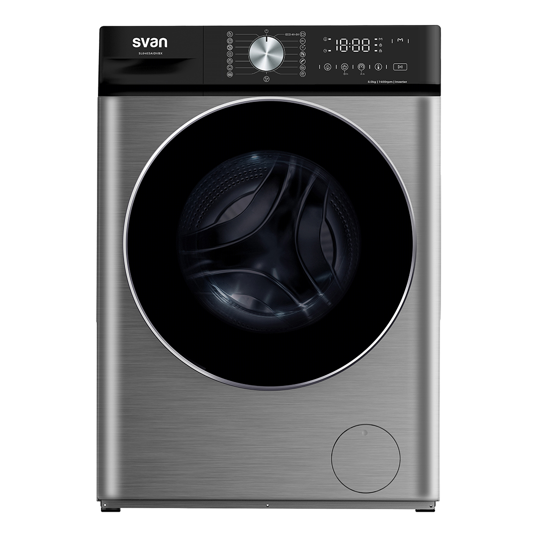 Lavadora Svan,Capacidad 8kg 1400rpm, Clase A. Dimensiones: 60cm 52cm 84,7cm. Color Dark Inox, Control con Display táctil. Motor Inverter. Programas: Vapor Antialérgico.