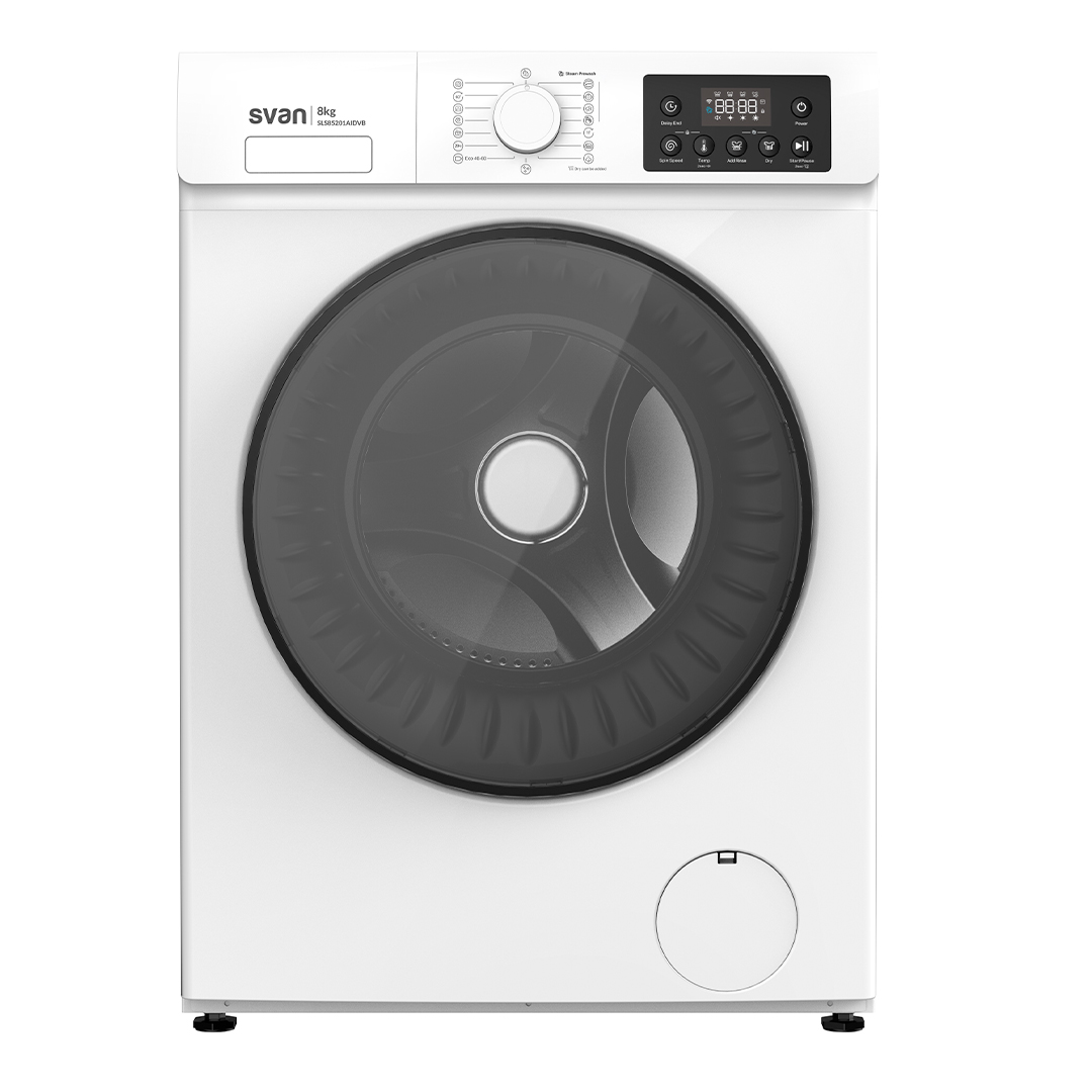 Lava-secadora Svan. Capacidad 8/5kg con 1200 rpm, Clase A/E. Dimensiones: 84,5cm 59,8cm 60,8cm. Color Blanco, Control con Display. Motor Inverter. Programas: Antialérgico.