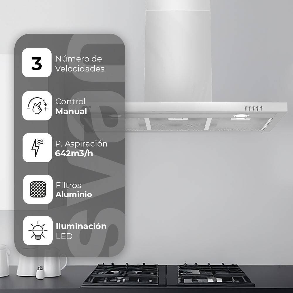 Campana Tipo T Svan, Clase A Dimensiones: 82cm 89,7cm 50cm. Color Inox, Control Manual Potencia de aspiración 641,8 m3/h, 68 dB. – Image 5