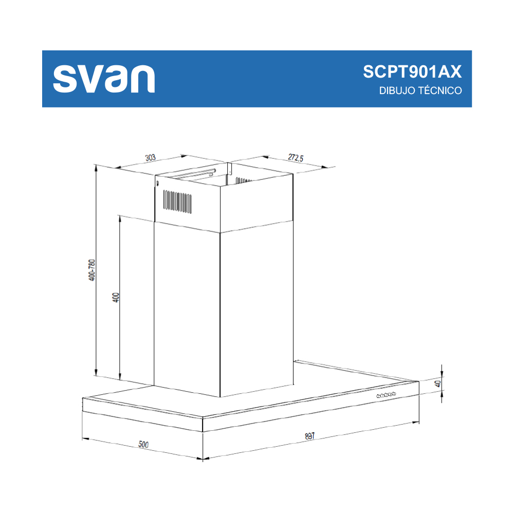 Campana Tipo T Svan, Clase A Dimensiones: 82cm 89,7cm 50cm. Color Inox, Control Manual Potencia de aspiración 641,8 m3/h, 68 dB. – Image 8